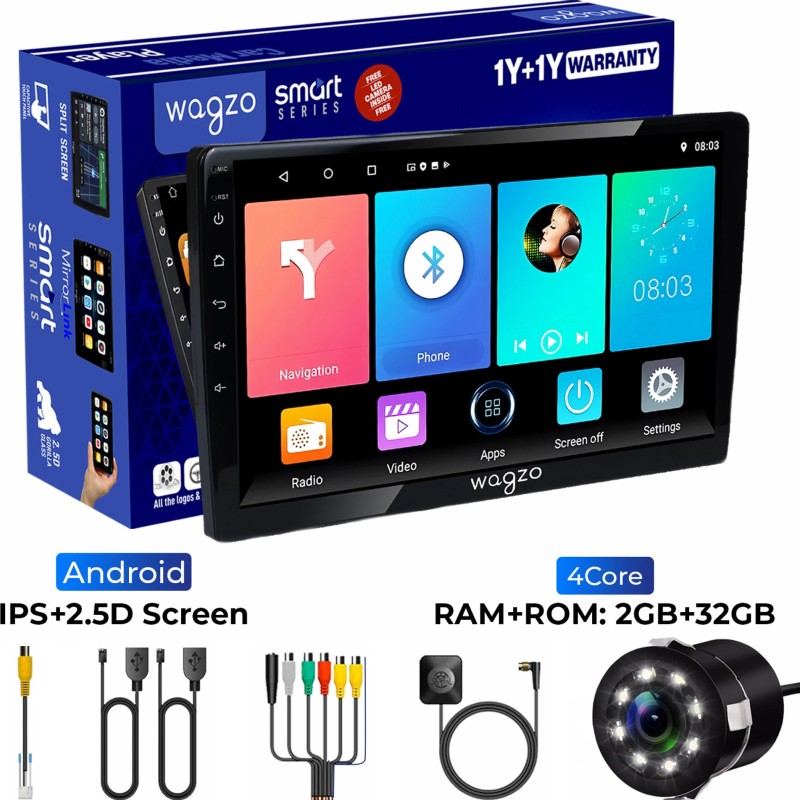 Wagzo 9 Inch Car Android TS7 2GB+32GB, 4th Gen, 4 Core, IPS Display, LED CAMERA|WAP-24 Car Stereo (Double Din)