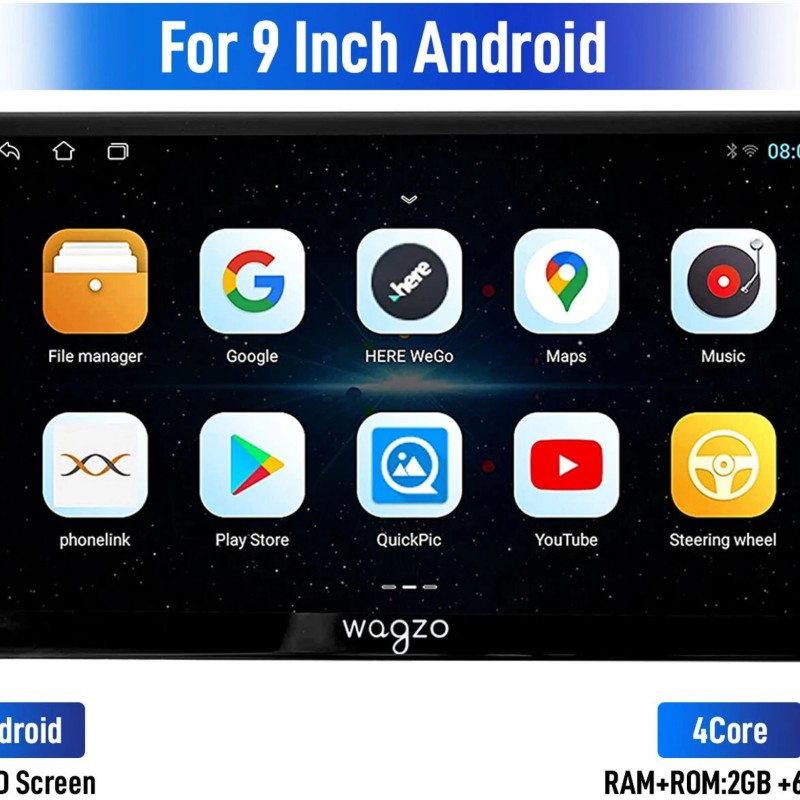 Wagzo 9 Inch Car Android Play TS7 2GB+64GB,4th Gen,4 Core,IPS Display|WAP-36 Car Stereo (Double Din)