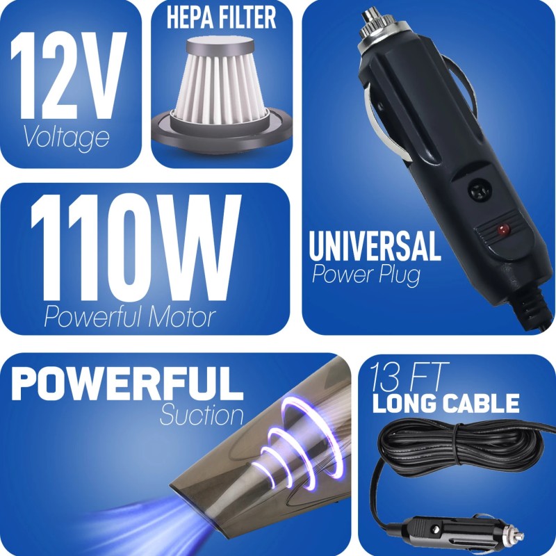 Wagzo VC-52 | 110 Watt,5000PA Suction Power| 13 Ft Long Power Cord HEPA-Filter | Car Vacuum Cleaner (Black)