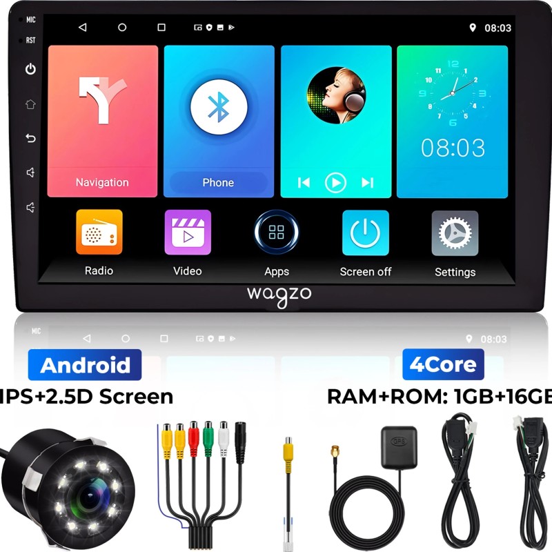 Wagzo 9 Inch Car Android Player TS7,1GB+16GB,4thGen,4 Core,IPS Display With Led Camera Car Stereo (Double Din)