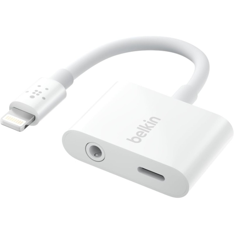 Belkin RockStar Lightning to 3.5mm Audio Cable + Audio Charger Splitter, 2-in-1 Aux iPhone Headphone White