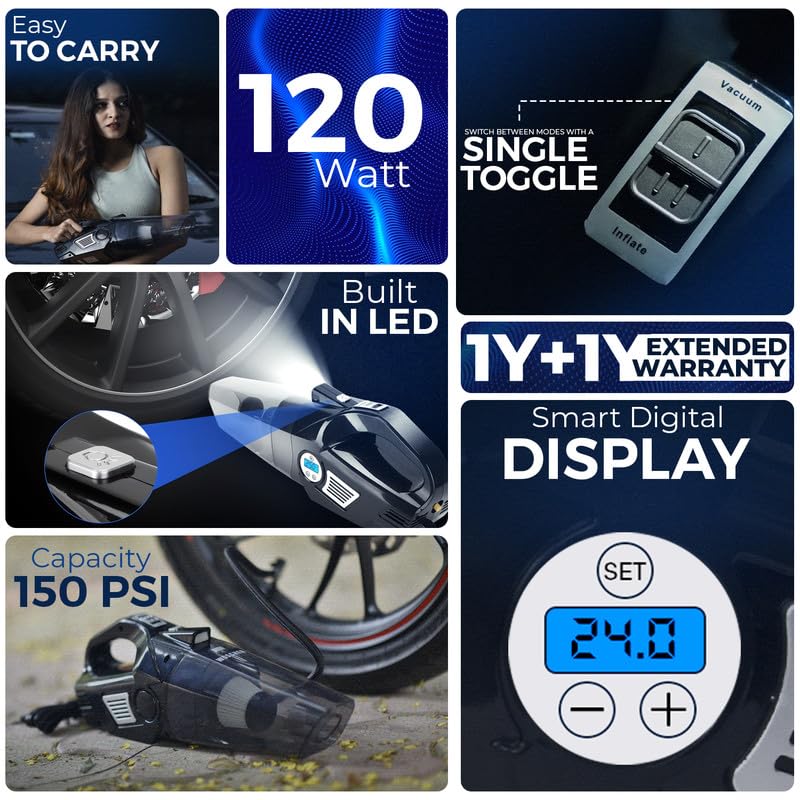 Woscherr AirVac Pro Car Vacuum Cleaner 2in1 & Tyre Inflator for Car and Bike 150 PSI |120 Watt Car Vaccine Cleaner