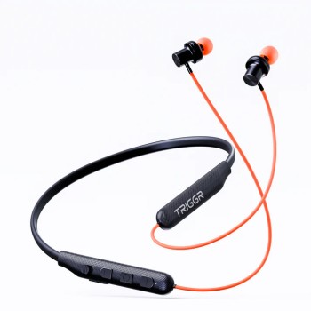 TRIGGR Bassplugs 100 Neckband, Dedicated Switch, 40H Battery, Dual Pairing, Fast Charge Bluetooth Headset (Orange, In the Ear)