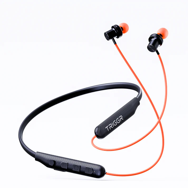 TRIGGR Bassplugs 100 Neckband, Dedicated Switch, 40H Battery, Dual Pairing, Fast Charge Bluetooth Headset (Orange, In the Ear)