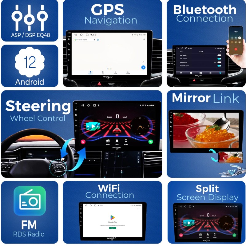 Wagzo 9 Inch Car Android TS7 2GB+32GB, 4th Gen, 4 Core, IPS Display, LED CAMERA|WAP-24 Car Stereo (Double Din)