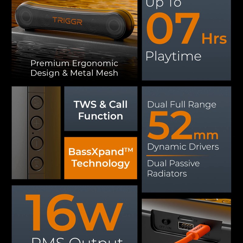 TRIGGR Horizon 16 with Dual Drivers, 7Hrs Playtime, MEMS Mic, TWS Function 16 W Bluetooth Speaker (Elite Black, 2.0 Channel)