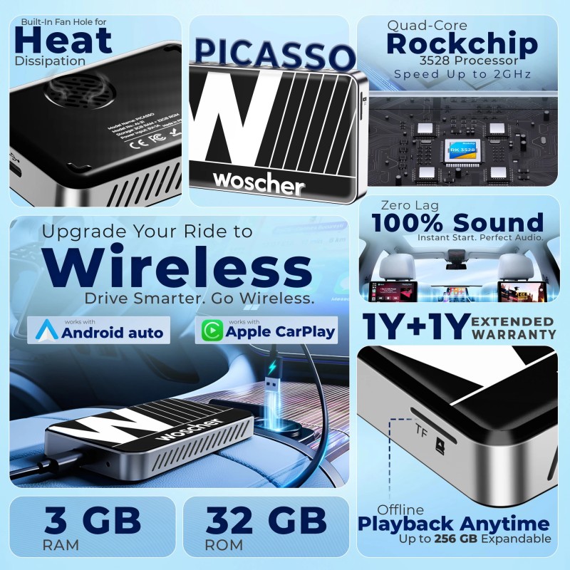 Woscher AirStream Picassou3GB+32GBWireless CarPlay Adapter Android AutoAI Box For OEM Car Stereo (Double Din)
