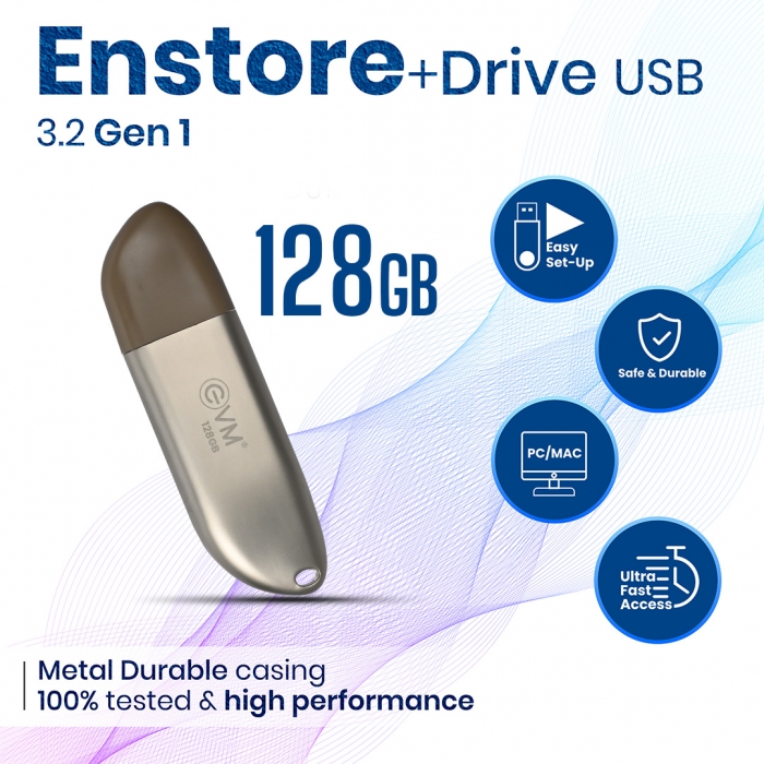 EVM 128GB ENSTORE+ DRIVE USB 3.2 GEN 1 (PENDRIVE) 128 GB Pen Drive Compatible with Desktop Computer, Laptop, Audio Player, Television USB 3.2 Metal Case (Gold)