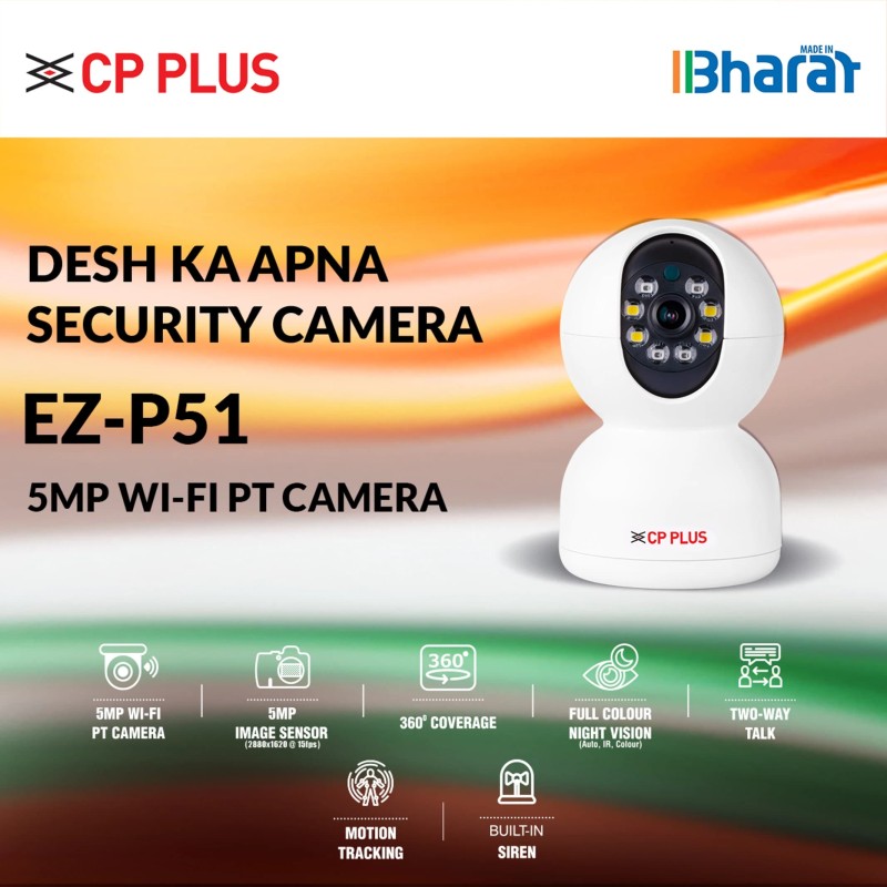 CP PLUS EZ-P51 5MP Wi-Fi PT Indoor Camera with In-built Siren & Full Color Night Vision Security Camera