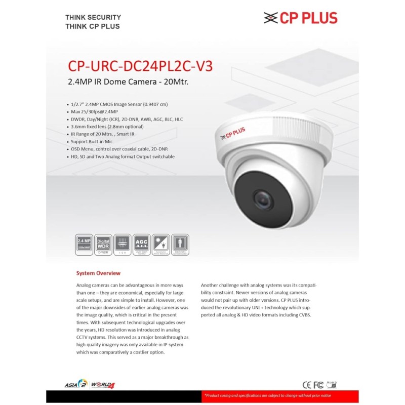 CP Plus CP-URC-DC24PL2-V3 2.4MP Dome Came (CP-URC-DC24PL2-V3,)