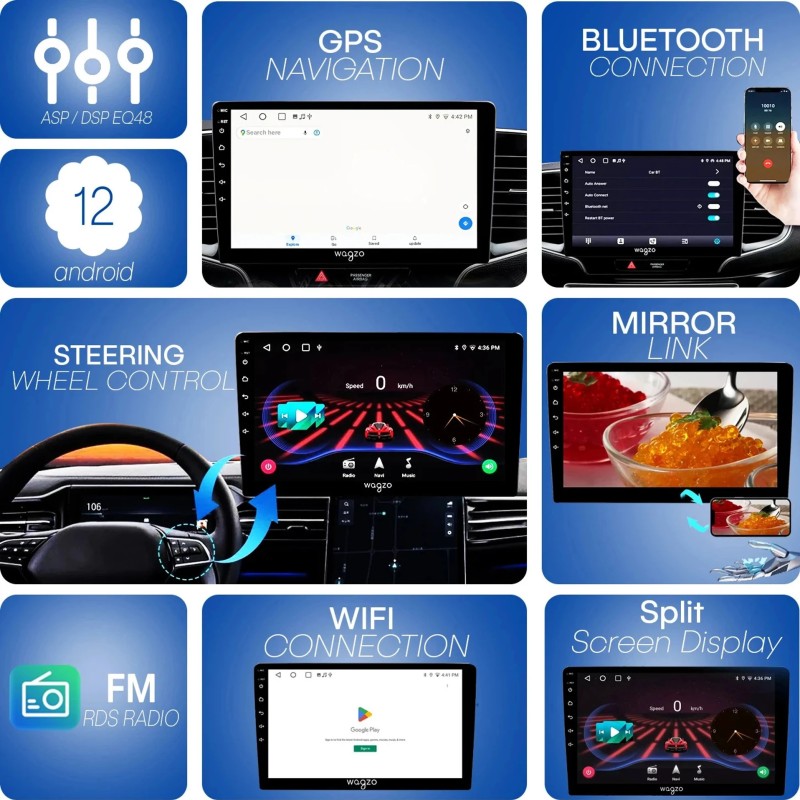 Wagzo 9 Inch Car Android Play TS7 2GB+64GB,4th Gen,4 Core,IPS Display|WAP-36 Car Stereo (Double Din)