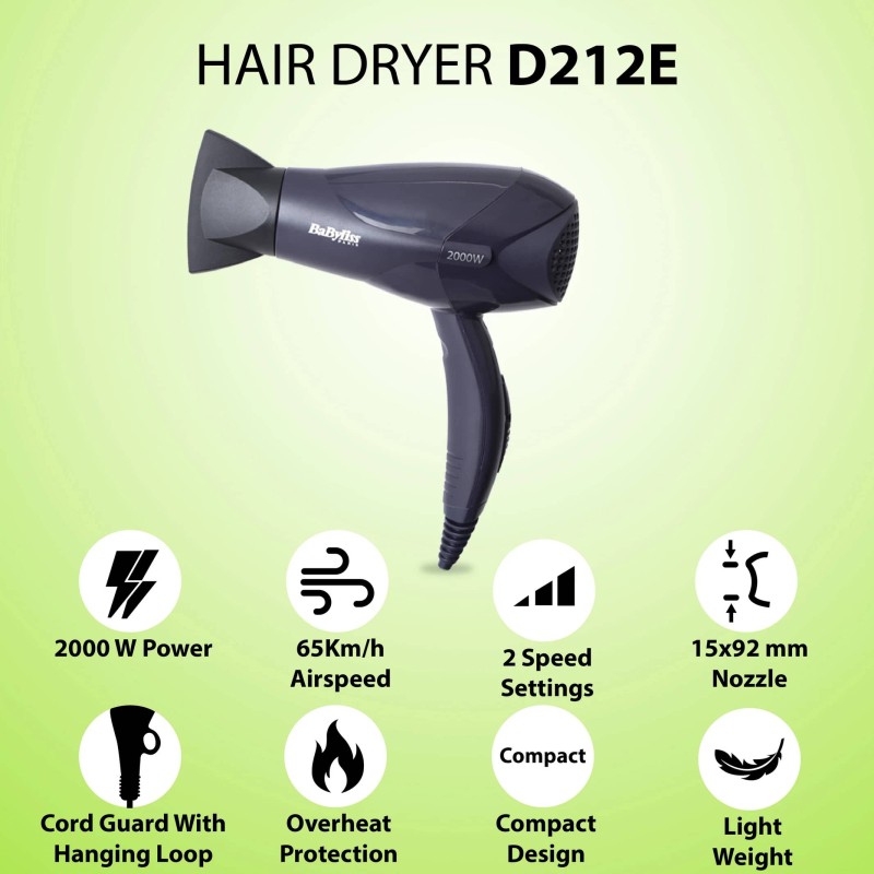 BABYLISS D212E Hair Dryer (2000 W, Black)