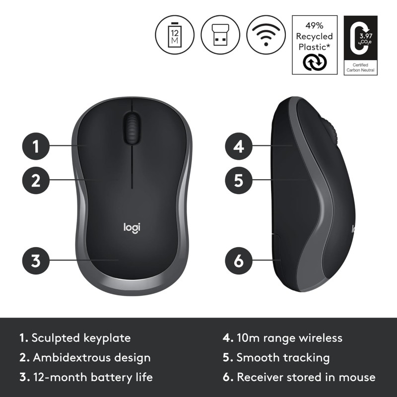 Logitech M186 Wireless Mouse, 2.4GHz with USB Mini Receiver, 3 Years Battery Life, 1000 DPI Optical Tracking