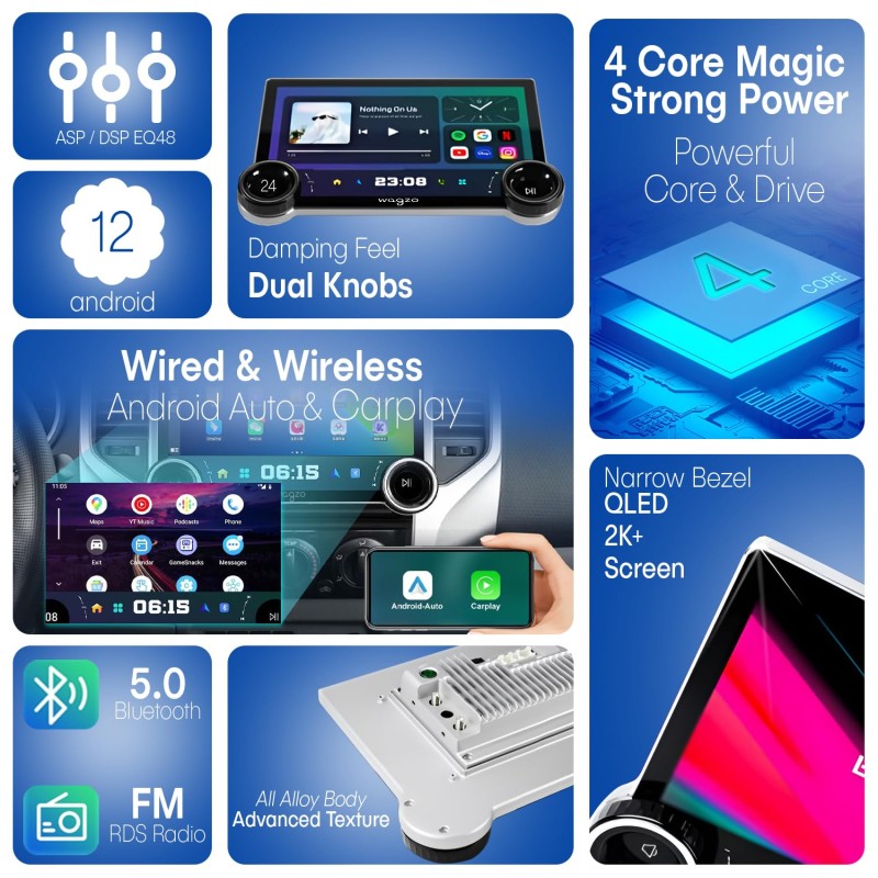 Wagzo 2K Diamond Car Android 10.1 In,4GB+64GB,4th Gen,QLED,4 Core, AHD Camera|WAP-15 Car Stereo (Double Din)