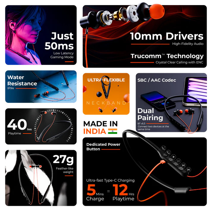 TRIGGR Bassplugs 100 Neckband, Dedicated Switch, 40H Battery, Dual Pairing, Fast Charge Bluetooth Headset (Orange, In the Ear)