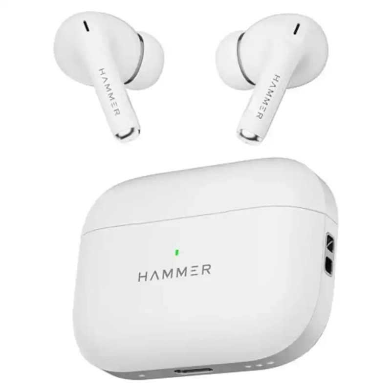 HAMMER Aero Max Bluetooth Earbuds with Clear Calling, 32 db ANC+ENC, Fast Charging (White)