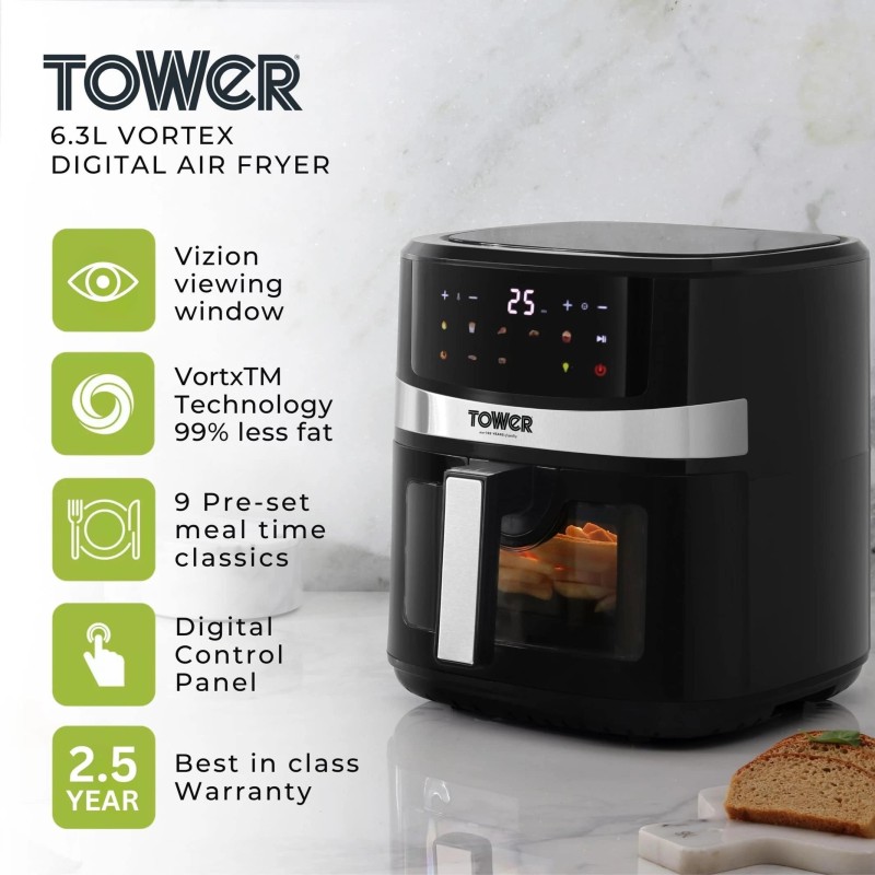 Tower Vortx Digital Vision 6.3L | 1600W | 9 Preset Menus | Bake, Grill & Roast | Digital Touch Display | Rapid Air Circulation Technology Air Fryer (6.3 L)