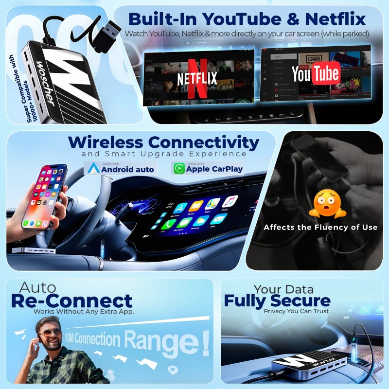Woscher AirStream Picassou3GB+32GBWireless CarPlay Adapter Android AutoAI Box For OEM Car Stereo (Double Din)