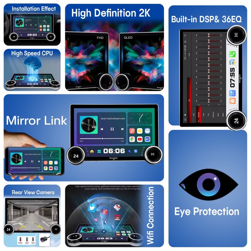 Wagzo 2K Diamond Car Android 10.1 In,4GB+64GB,4th Gen,QLED,4 Core, AHD Camera|WAP-15 Car Stereo (Double Din)