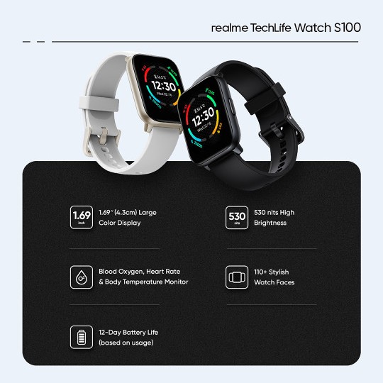Realme Black Strap TechLife Watch S100 1.69 HD Display with Temperature Sensor Smartwatch
