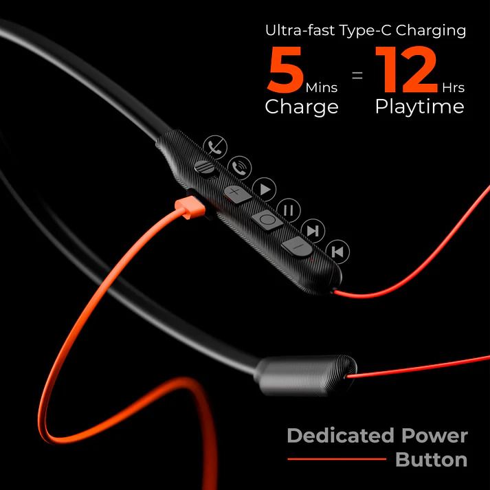 TRIGGR Bassplugs 100 Neckband, Dedicated Switch, 40H Battery, Dual Pairing, Fast Charge Bluetooth Headset (Orange, In the Ear)