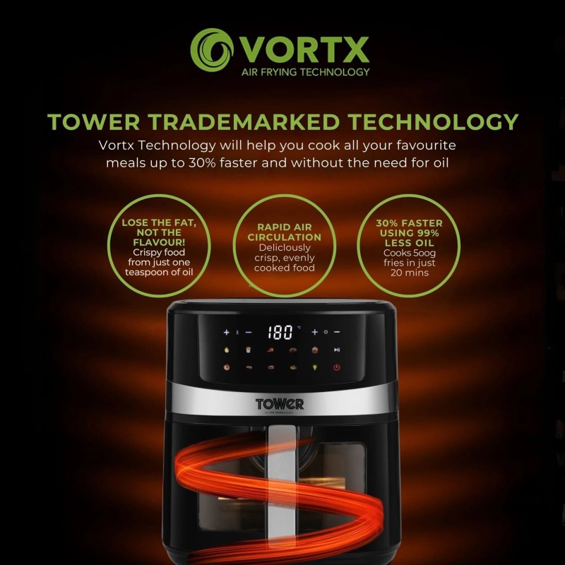 Tower Vortx Digital Vision 6.3L | 1600W | 9 Preset Menus | Bake, Grill & Roast | Digital Touch Display | Rapid Air Circulation Technology Air Fryer (6.3 L)