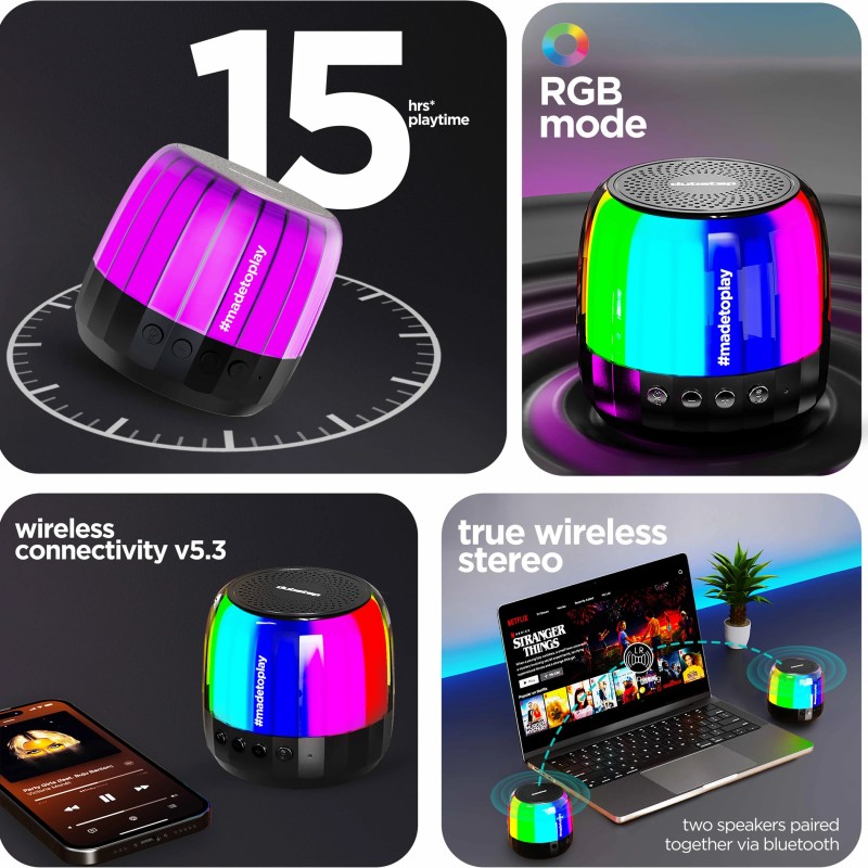 Dubstep Pop 650 with 15 Hrs Playtime,52mm Dynamic Driver,Multiple RGB Lights,TWS Pairing 6 W Bluetooth Speaker (Black, 2.0 Channel)