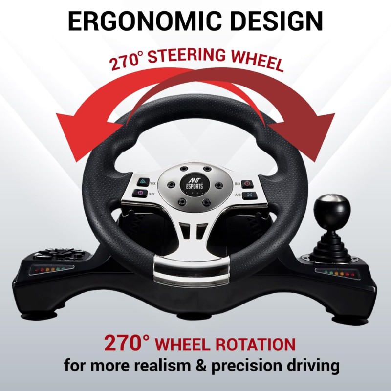 Ant Esports GW190 Race Steering Wheel, Universal USB I 270 Degree rotation with 2 Large Pedals and Shifter Compatible Black Silver