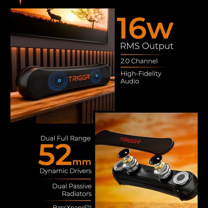 TRIGGR Horizon 16 with Dual Drivers, 7Hrs Playtime, MEMS Mic, TWS Function 16 W Bluetooth Speaker (Elite Black, 2.0 Channel)