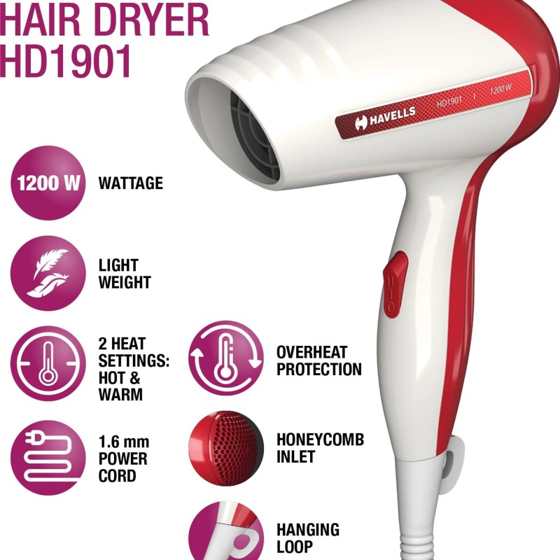 HAVELLS HD1901 Hair Dryer (1200 W, White & Red)