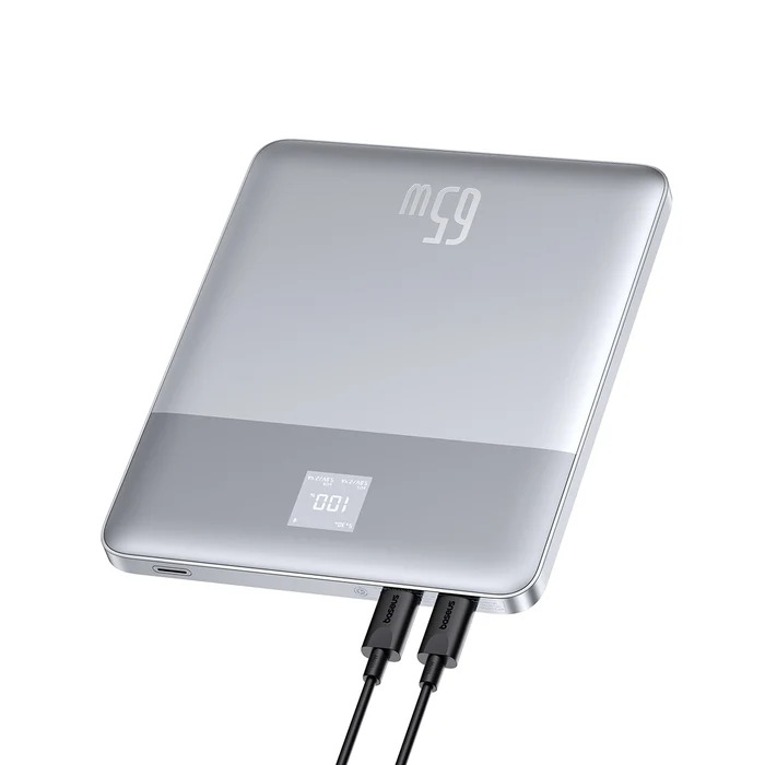 Baseus Blade2 12000mAh 65W Fast-Charging Power Bank – Ultra Slim with Digital Display, Dual Type-C PD Output – Horizon Silver (with 100W Type-C Cable)