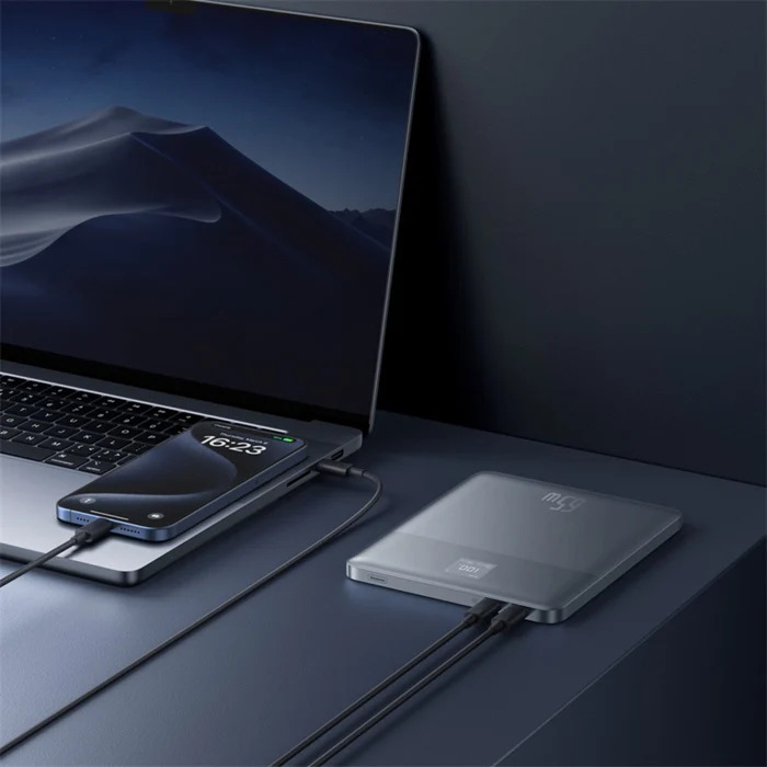 Baseus Blade2 12000mAh 65W Fast-Charging Power Bank – Ultra Slim with Digital Display, Dual Type-C PD Output – Horizon Silver (with 100W Type-C Cable)