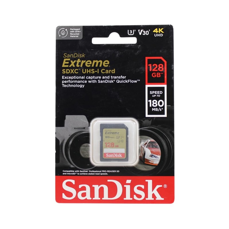 SanDisk Extreme SD UHS I 128GB Card for 4K Video for DSLR and Mirrorless Cameras 180MB/s Read & Write