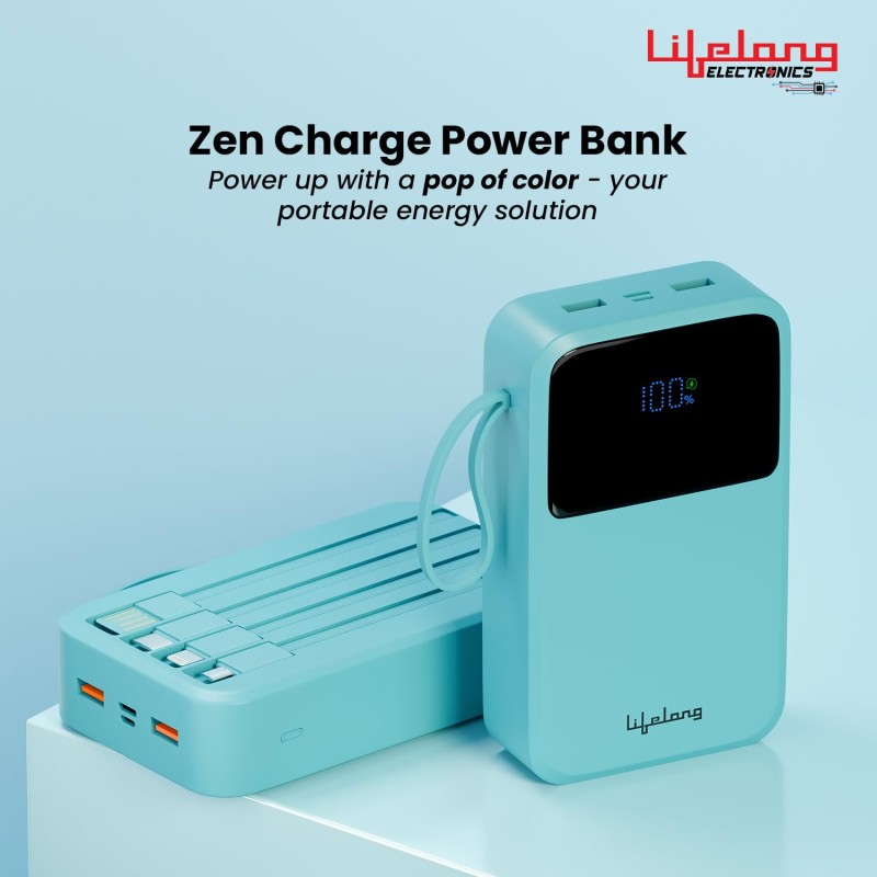 Lifelong Electronics 20000mAh 22.5W Fast Charging Power Bank | 3 Inputs (1 Built-in USB A Cable , Small Pocket Size Powerbank.