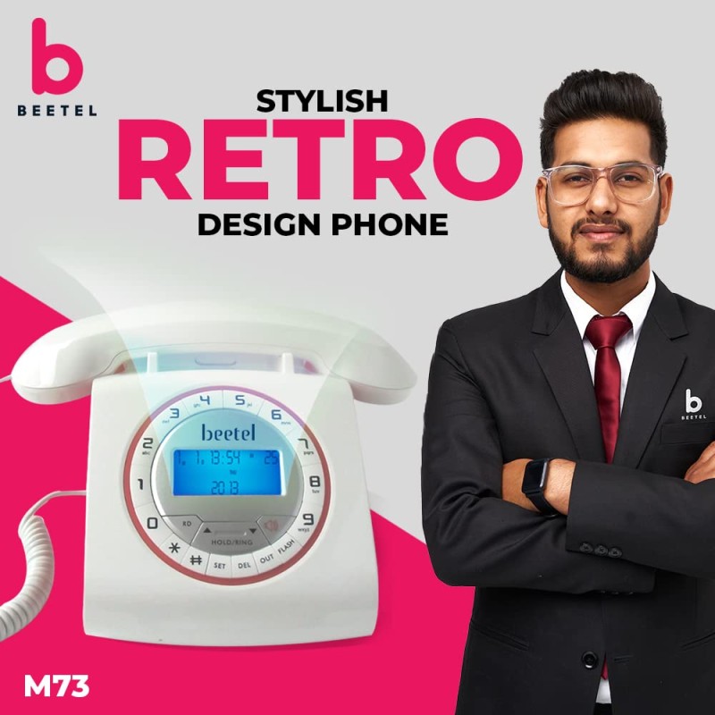 Beetel M73 Caller Id Corded Landline Phone with 16 Digit LCD Display, Retro Design, Alphanumeric Keypad, 2-Way Speaker Phone, Adjustable Ringer Volume