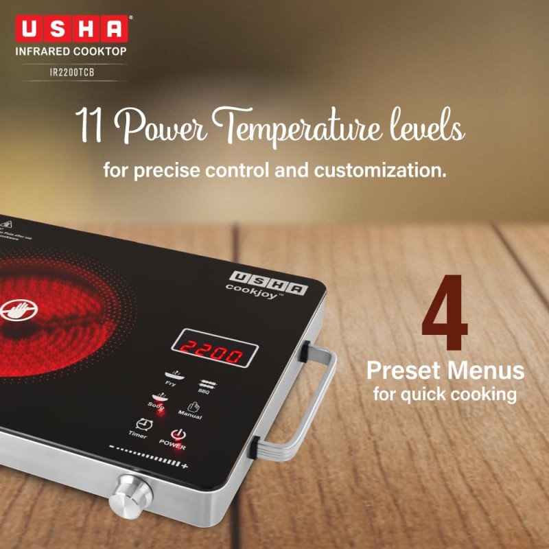 USHA IR2200TCB Infrared Induction Cooktop with grill | 2200 Watts | 11 Power Level | 4 Preset Menu | Feather Touch Controls Black