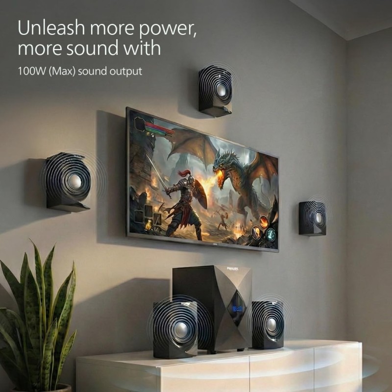 PHILIPS MMS5634/94 5.1 Bluetooth Speaker System for Home, 100W Multimedia Speakers with Powerful woofer, Wireless Audio (Black)