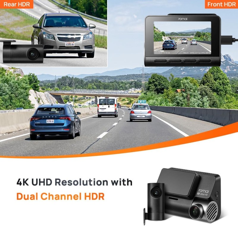 70mai A810 True 4K HDR Dual Dash Cam, Built-in GPS Logger, ADAS, Sony Starvis2 IMX678, 150° Wide, Optional Parking Mode with Motion Detection & Time Lapse, Upto 256GB Supported