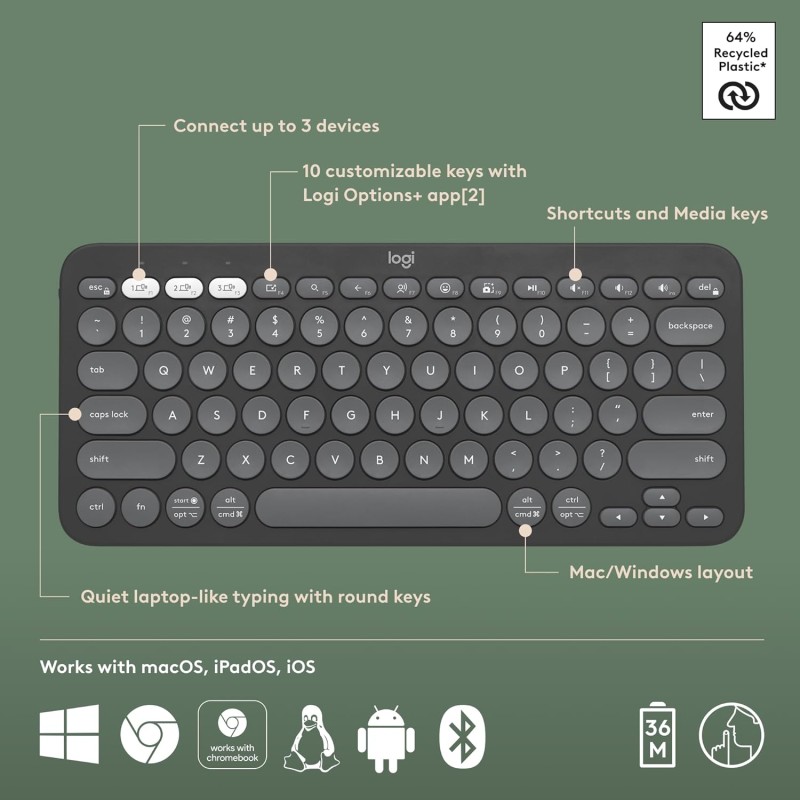 Logitech Pebble Keys 2 K380s, Multi-Device Bluetooth Wireless Keyboard with Customisable Shortcuts - Tonal Black