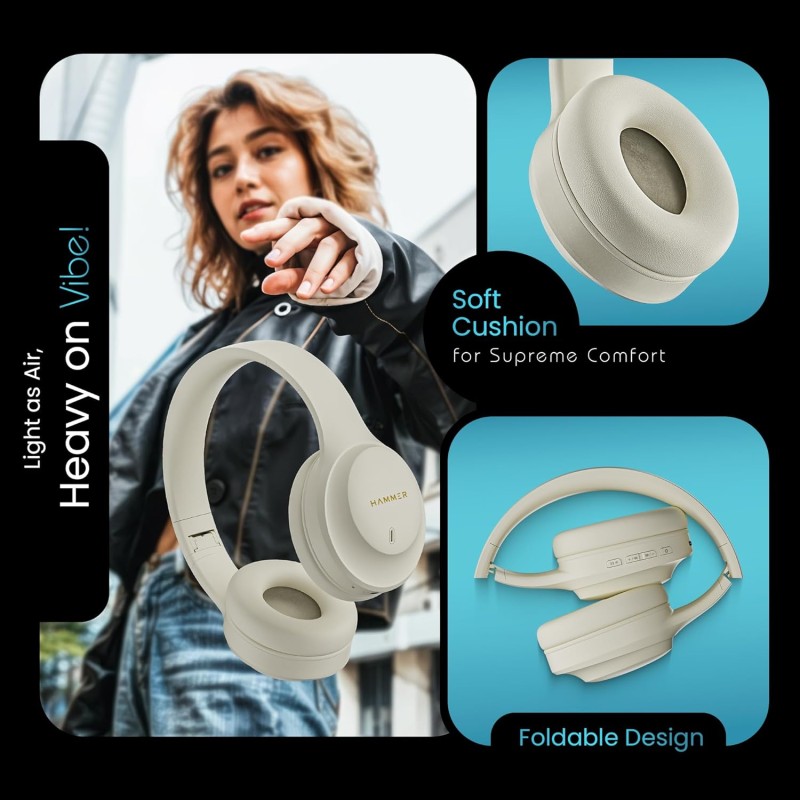 HAMMER Vibe ENC Bluetooth Headphone, 40mm Driver, Dual Pairing, 60hrs Playtime, Voice Assistant, BT V5.4 (Beige)