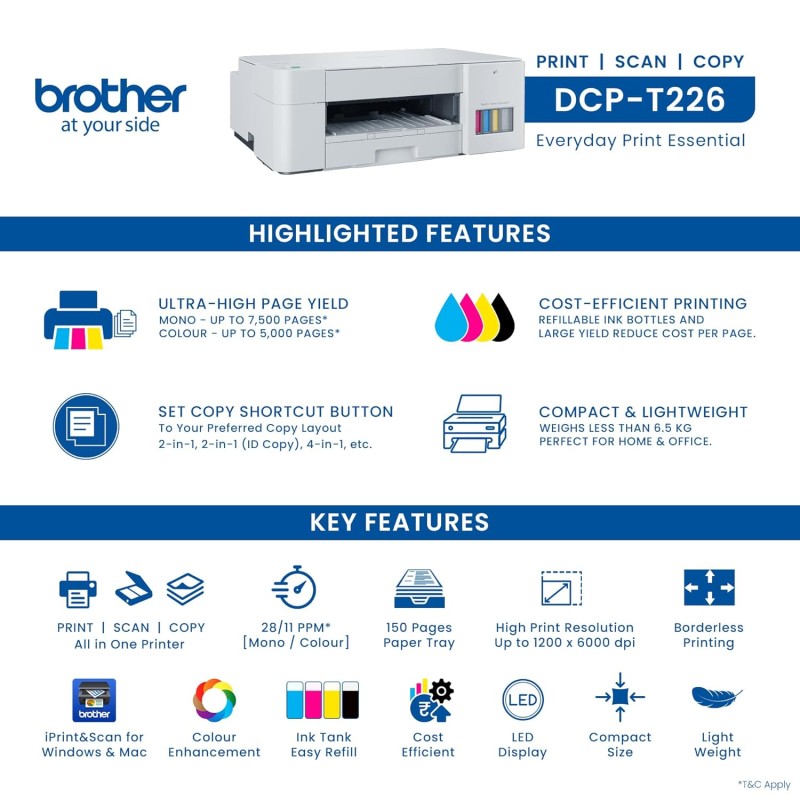 Brother DCP-T426W Multi-function WiFi Color Ink Tank Printer (Borderless Printing) for Home Usage (4 Ink Bottles Included)