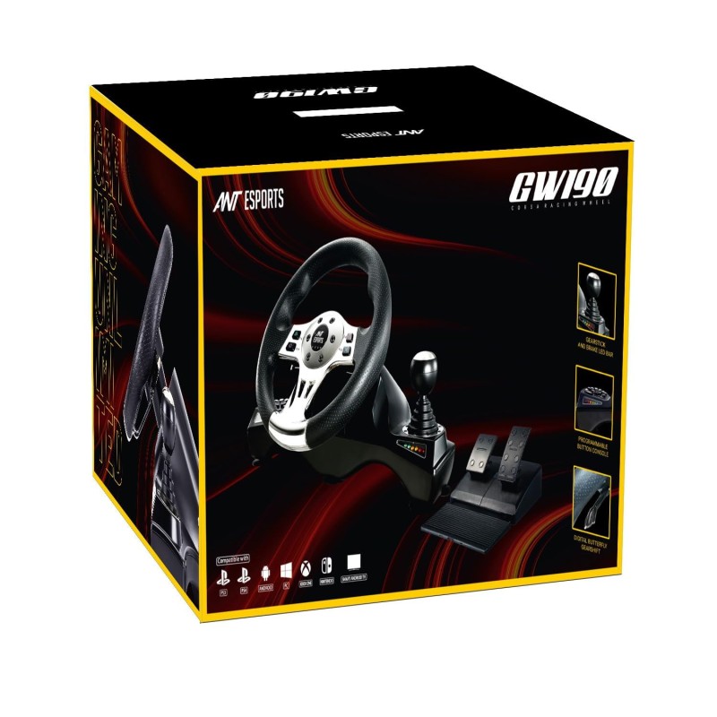 Ant Esports GW190 Race Steering Wheel, Universal USB I 270 Degree rotation with 2 Large Pedals and Shifter Compatible Black Silver