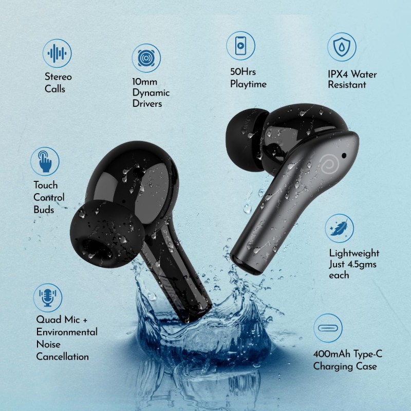pTron Basspods Encore Quad Mic ENC TWS Earbuds with 50H Playtime, Immersive Sound, in-Ear Bluetooth 5.3 Headphones