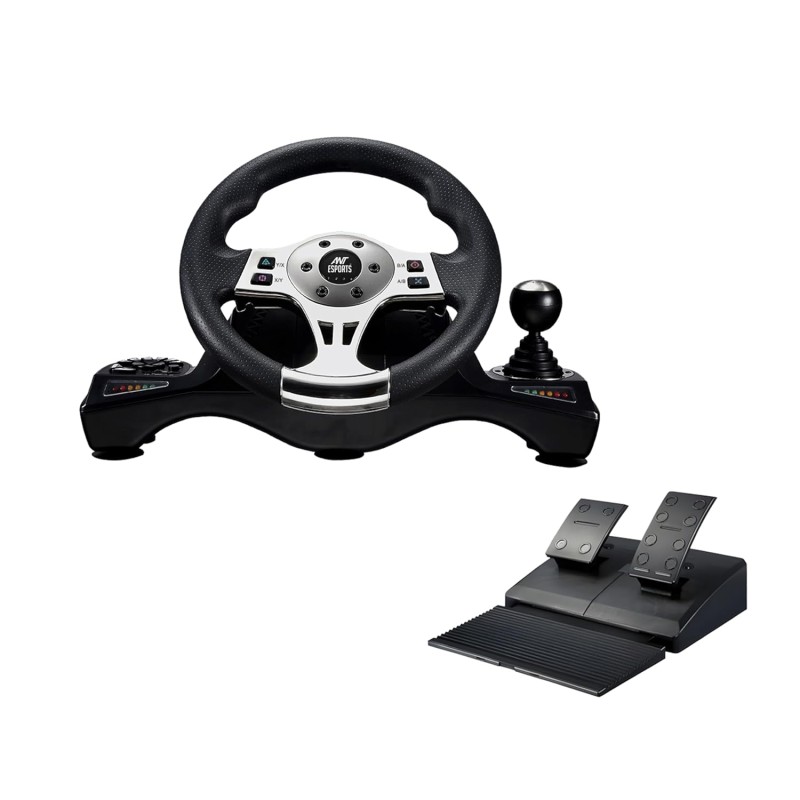 Ant Esports GW190 Race Steering Wheel, Universal USB I 270 Degree rotation with 2 Large Pedals and Shifter Compatible Black Silver