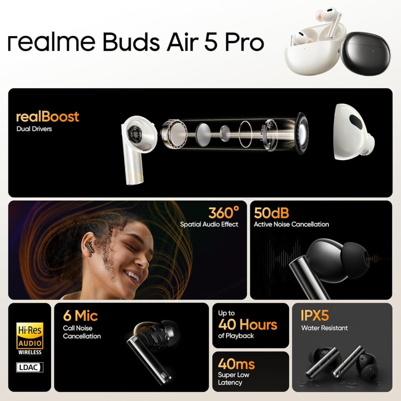 realme Buds Air 5 Pro Truly Wireless in Ear Earbuds with 50Db ANC, Realboost Dual Coaxial Drivers, 360 Spatial Audio
