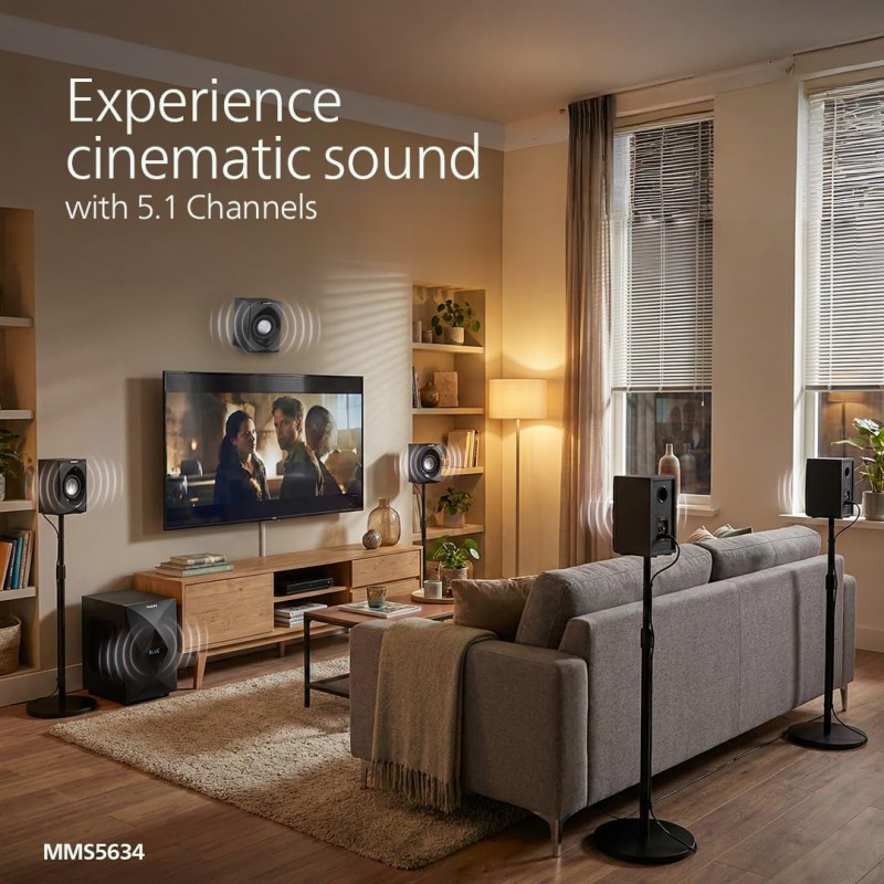 PHILIPS MMS5634/94 5.1 Bluetooth Speaker System for Home, 100W Multimedia Speakers with Powerful woofer, Wireless Audio (Black)