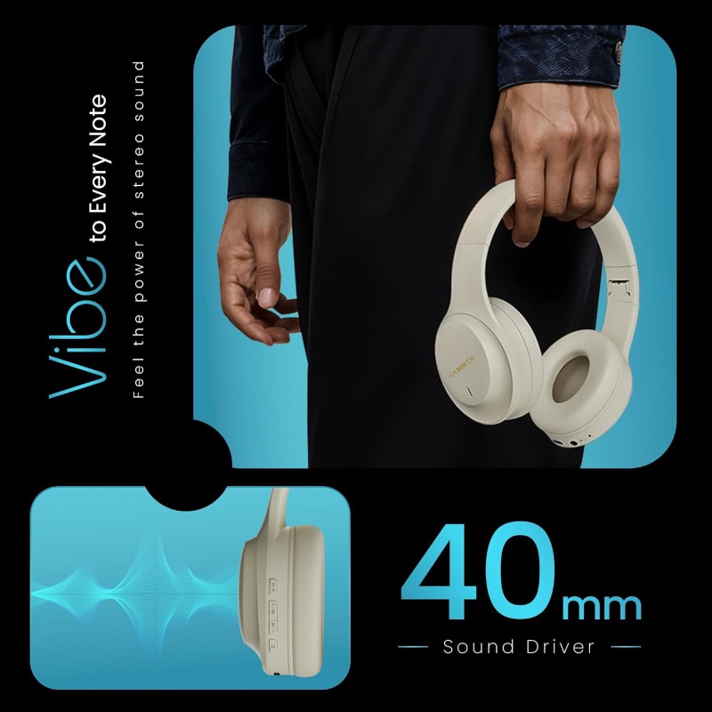 HAMMER Vibe ENC Bluetooth Headphone, 40mm Driver, Dual Pairing, 60hrs Playtime, Voice Assistant, BT V5.4 (Beige)