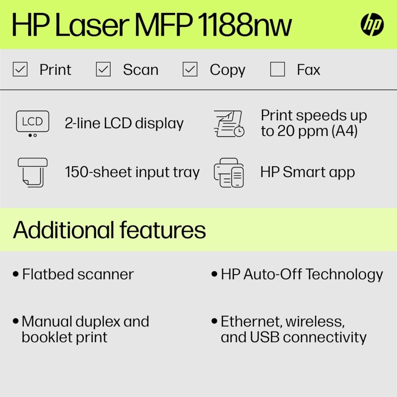 HP LaserJet 1188nw WiFi Printer, Print Copy Scan, Compact Design, Reliable and Fast Printing, Network Support