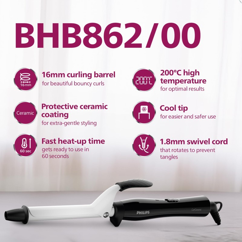 Philips Hair Curler with 16MM Barrel | Ceramic Coated Barrel for Long-Lasting  BHB862/00, Black