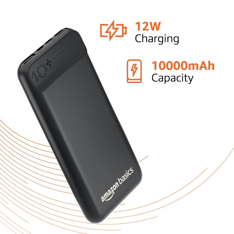 amazon basics 10000mAh 12W Lithium-Polymer Power Bank | Dual Input, Dual Output | Black.